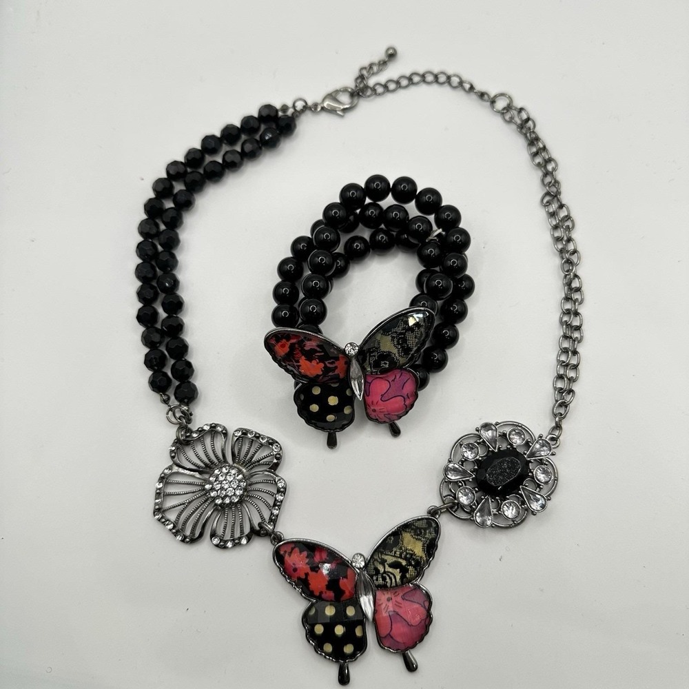 VTG Pink Butterfly Costume Jewelry Necklace Bracelet Set Black Bead Silver 21.5"